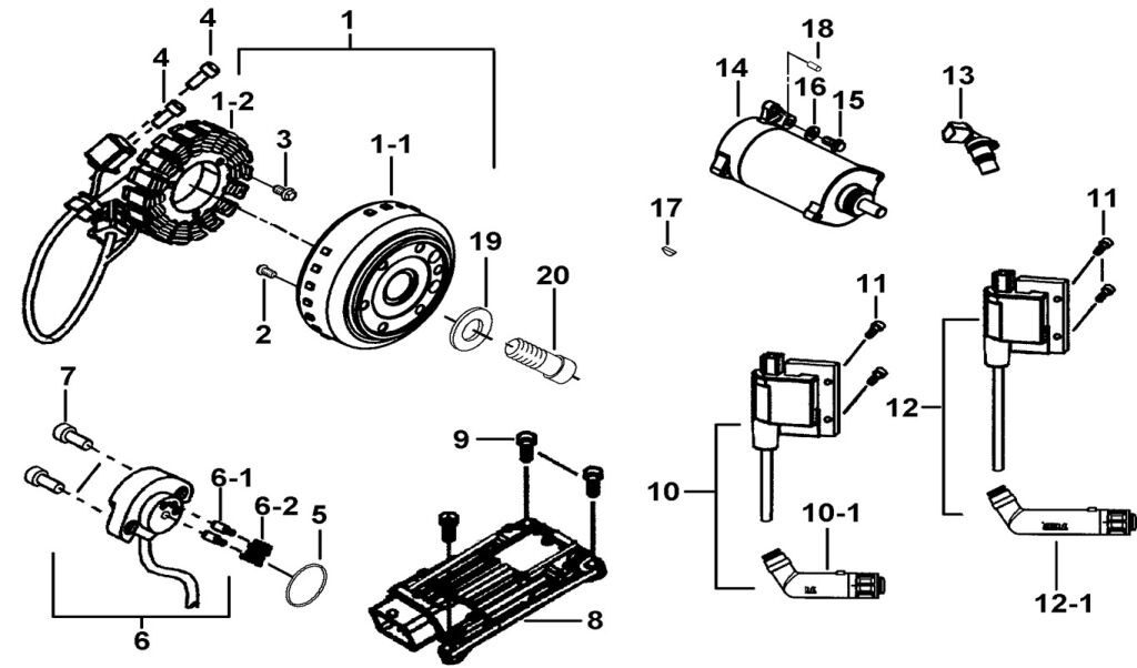 MOTOR INDÍTÓ、LENDKERÉK MAGNETO、ECU – robbantott ábra