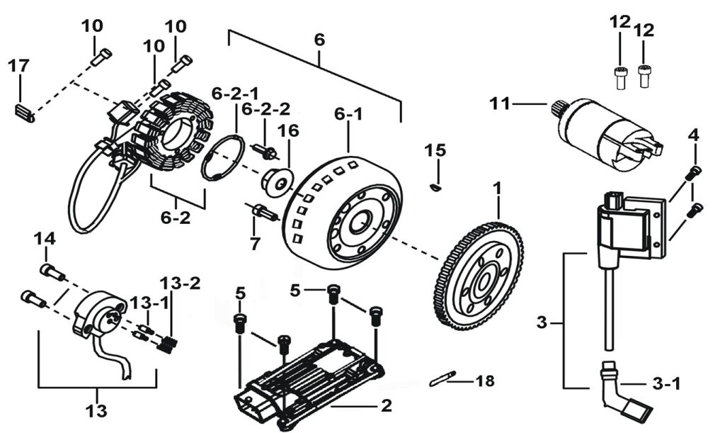 MOTOR INDÍTÓ、LENDKERÉK MAGNETO、ECU – robbantott ábra